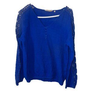 Soft Surroundings Cobalt Blue Cotton Blouse Lace Down Arms Size Small